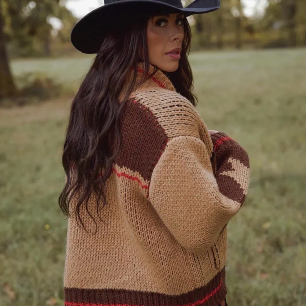 New Western Horse Print Cardigan Sweater Rodeo Montana Coat in Brown